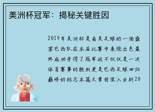 美洲杯冠军：揭秘关键胜因